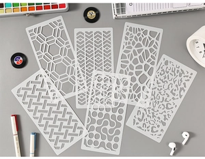 Detail of 6pcs reusable PET stencils showing geometric honeycomb and leopard patterns