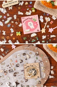 Detailed view of White Dog and Grey Cat PET sticker sets with 20 pieces for journaling