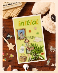 Detail of cute girl and pet illustration on a soft green healing theme sticker card
