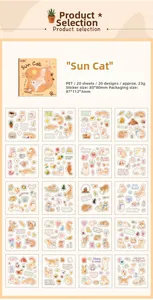 Vue détaillée de 20 autocollants PET sur le thème des chats aux motifs illustrés
