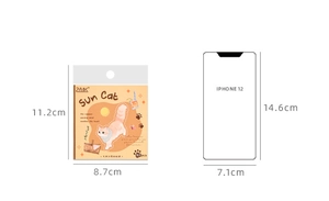 Size comparison of cute cartoon orange cat sticker pack showing 11.2cm x 8.7cm dimensions