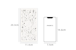 Size comparison of white floral PET stencil measuring 20.3cm by 11.4cm for painting