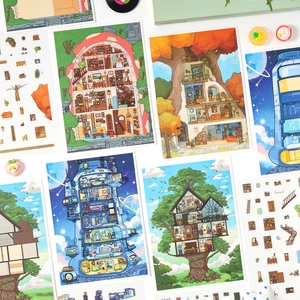 3D Scenery DIY Sticker Hand Drawn House Treehouse Mushroom Galactic Theme PET Transparent Stickers Scrapbooking Decorative Kit