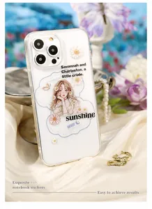 Pegatinas con ilustraciones de flores y chicas en una funda transparente de móvil