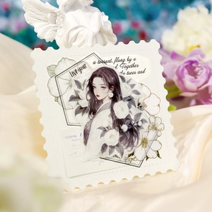 Vintage stamp-style waterproof PET sticker featuring a floral lady design on silk fabric