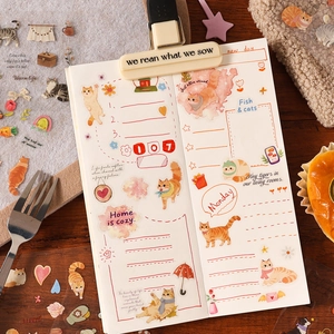 Autocollants PET de chats orange mignons pour journalisation sur bureau en bois