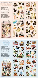 Detail view of 4-sheet PET cat stickers set in Egyptian and Winter themes for scrapbooking