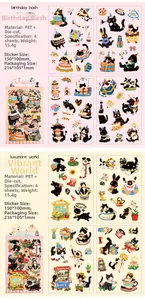 Macro detail of PET cartoon cat stickers showing cute animal illustrations and specs