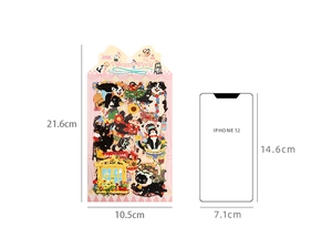 Size comparison of cartoon cat stickers set next to an iPhone 12 for scale