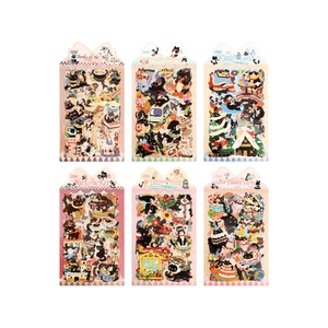 Cute cartoon black cat decorative PET stickers set with six different themes for journaling