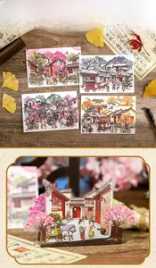 Detail of Chinese style ancient landscape DIY sticker set with wooden base acrylic stand