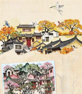 Detail of Antique Landscape 3D stickers with traditional Chinese architecture and red maple