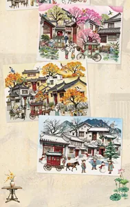 Detail of 3D traditional Chinese scenery stickers showing spring, autumn and winter themes