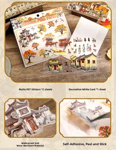 Close-up of semi-transparent PET stickers with ancient Chinese forest and architecture