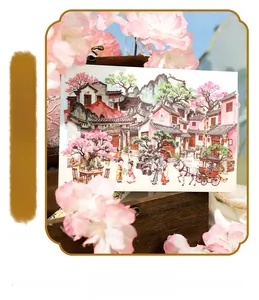 Detail of traditional Chinese style stickers showing ancient architecture and cherry blossoms