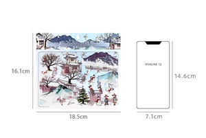 Size comparison of Chinese landscape stickers next to iPhone 12 for scale reference