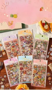 Close-up of vintage aesthetic PET decorative stickers with foodie and floral motifs