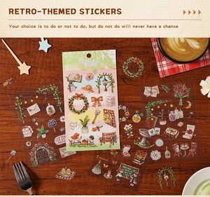 Detail of 6-sheet vintage PET sticker set featuring nostalgic garden and cat illustrations