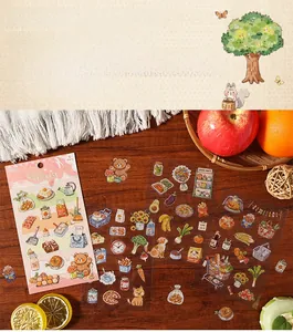 Set of 4 vintage hand-drawn pet stickers with food and animal motifs for DIY journals