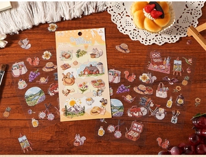 Detail of Sunlit Basket collection stickers with pastoral hand-drawn nature illustrations