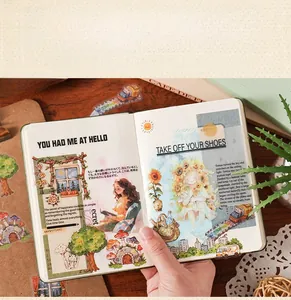 Detailed application of cute PET hand-drawn stickers on a journal page with stationery