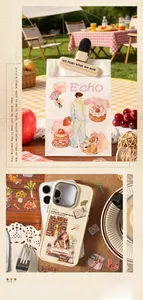 Detail of cute illustrative stickers on a phone case and gift bag in a cozy setting