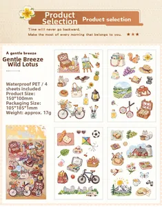 Detail of 4-sheet waterproof PET stickers featuring hand-drawn pastoral nature illustrations