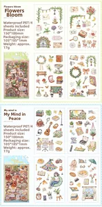 Detail of waterproof PET decorative stickers featuring floral and home lifestyle themes