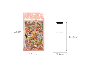 Size comparison of Life's Harvest PET stickers with an iPhone 12 for scale