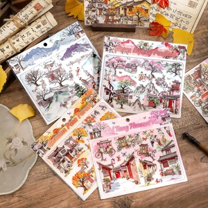 Classic Chinese landscape stationery stickers with ancient architecture and scenery