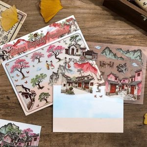 3PCS Listen Lightly Pavilion Chinese style 3D landscape stickers with vintage gardens