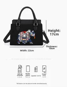 Guide des tailles détaillé pour sac noir brodé d'éléphants, dimensions 22x17x10 cm