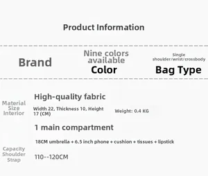 Guide des tailles pour sac brodé montrant dimensions, poids et détails de capacité interne