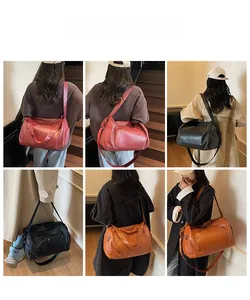 Collage of large woven leather tote bags in burgundy, black and brown for travel