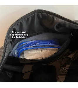 Detail of the internal dry and wet separation pocket for travel toiletries storage