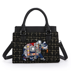 Sac À Main Avec Broderie Éléphant Décor Künstliche Perles Sac Bandoulière Carré Rétro Tweed Cuir PU Pour Femmes Casual
