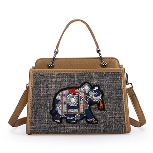 Borsa Tote con Ricamo Elefante Etnico Vintage per Donna Borsa in Tessuto PU con Perle Grande Capacità Borsa a Tracolla