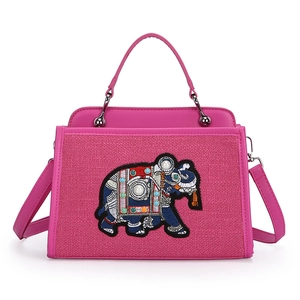 Borsa tote fucsia con ricamo a elefante vintage e accenti di perle fini