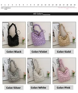 Detailed comparison of quilted cloud bags in six colors with a size scale at the top