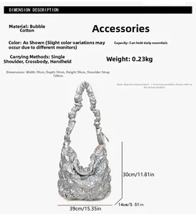 Detailed size specifications and texture view of the silver bubble cotton tote bag
