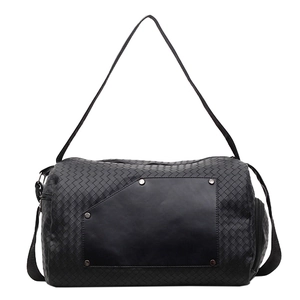 Large capacity black woven leather travel duffel bag with side zipper and shoulder strap
