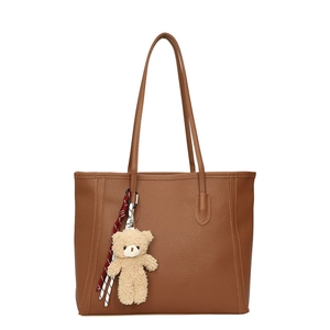 Brown litchi-grain leather JK style tote bag with a cute teddy bear charm