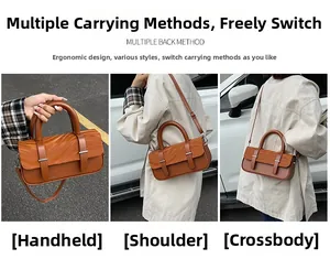 Brown box bag shown in three ways: handheld, shoulder, and crossbody style