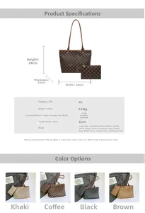 Detailed size chart for vintage plaid tote bag and small pouch set with PU leather texture
