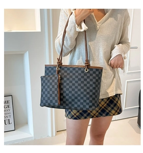 Detail of checkered bucket bag with leather strap and matching pouch set for women