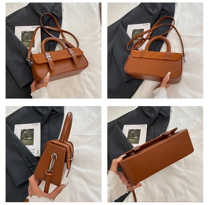 Detail view of brown retro crossbody box bag showing multiple angles on white fabric