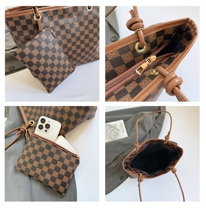 Detail view of checkered tote bag with matching zipper pouch and top handle closure