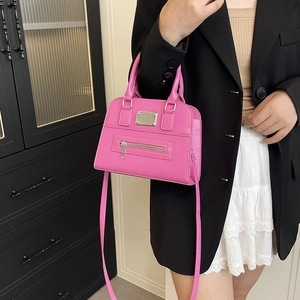 Chic magenta PU leather crossbody square bag with silver hardware and dual handles