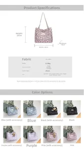 Detailed size specifications and color options for the sweet floral bow tote bag