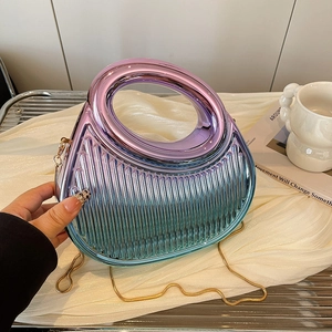 Women Evening Bag Acrylic Metallic Ribbed Crescent Clutch With Chain Strap Hollow Handle Fashion Party Crossbody